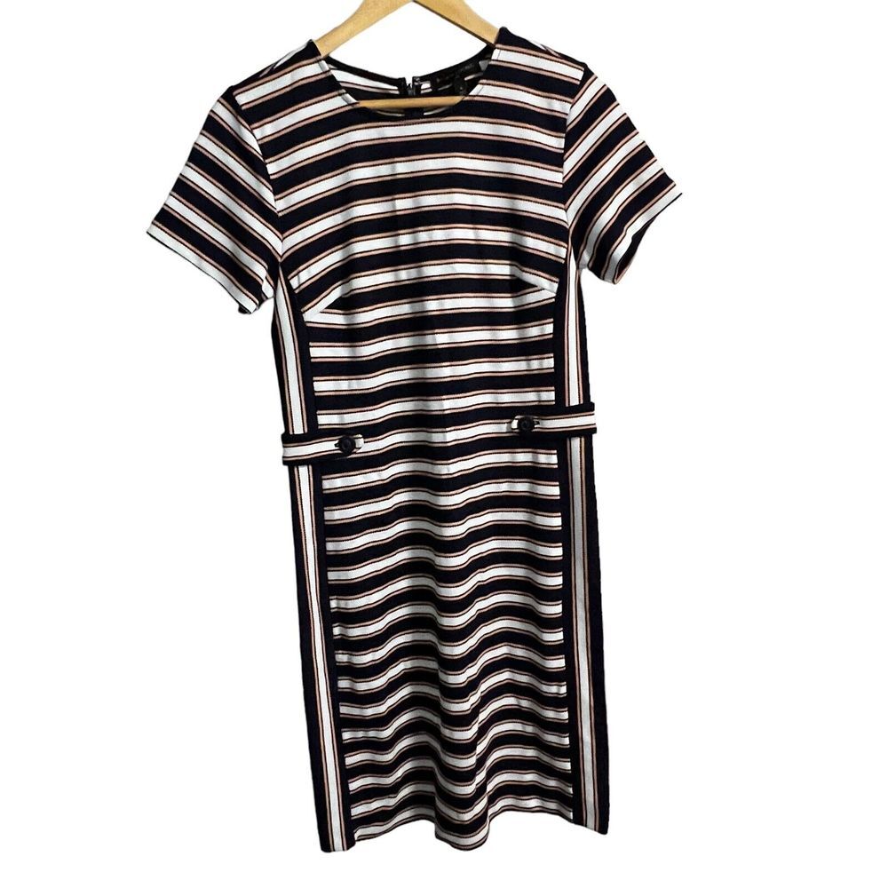 Banana Republic Factory Navy White Orange Stripe Viscose‎ Rayon Ponte Dress 6
